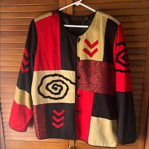 Vibrant Alex Kim Patchwork Blazer / Top with Red and Black Accents Size L